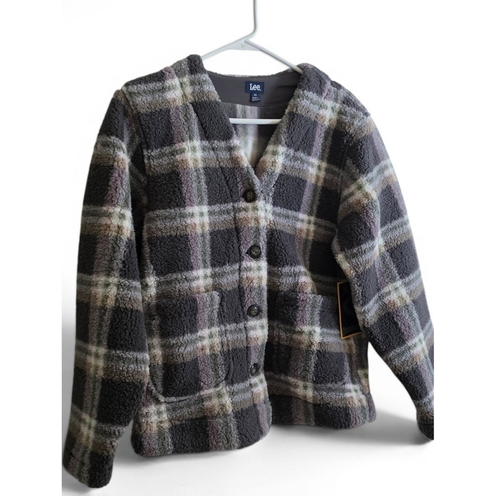 Lee Grandpa Plaid V-Neck Button Fleece Cardigan Static Grey Women's XS NWT